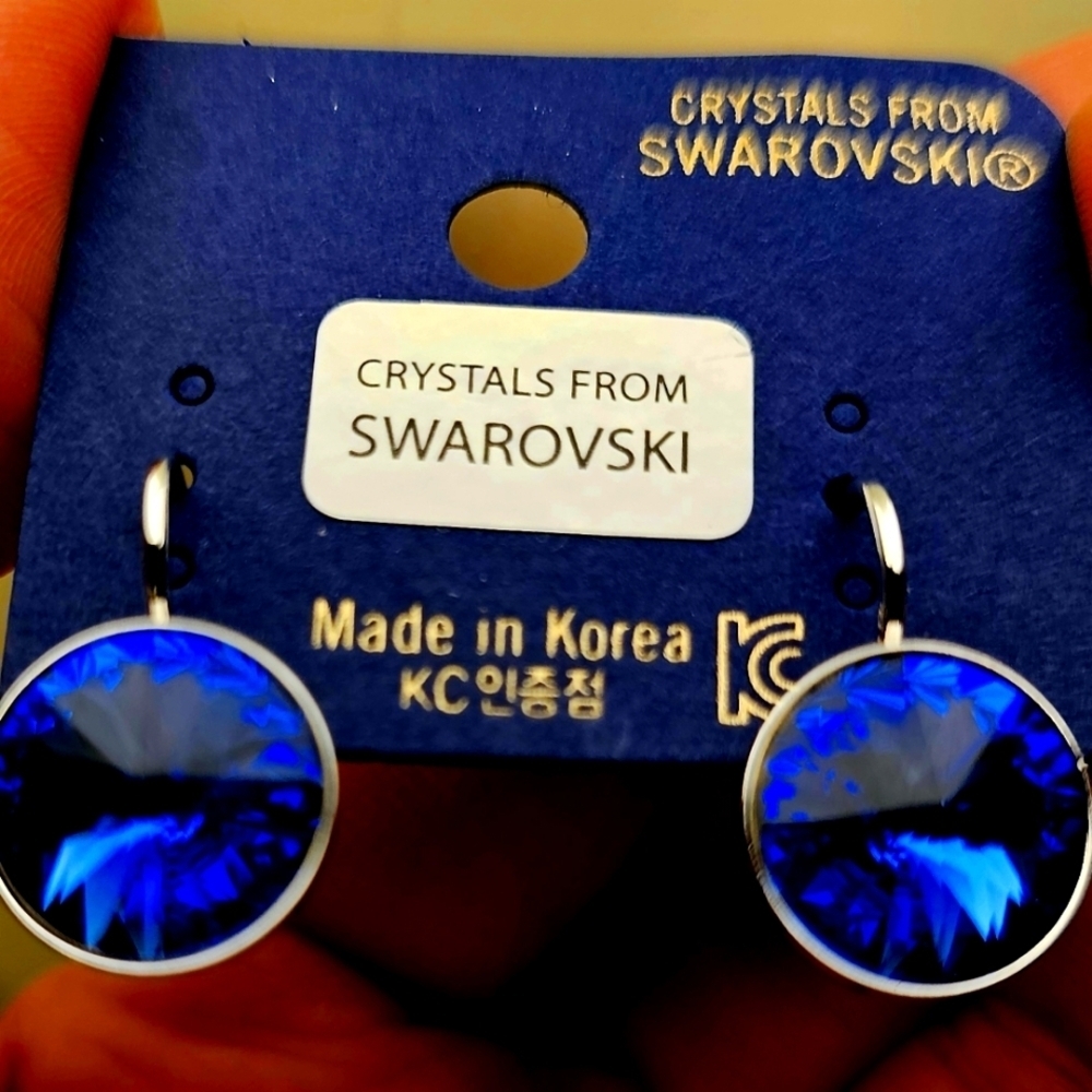 New! Swarovski Element Cobalt Blue Crystal Round Earrings 13mm Leverback.Round